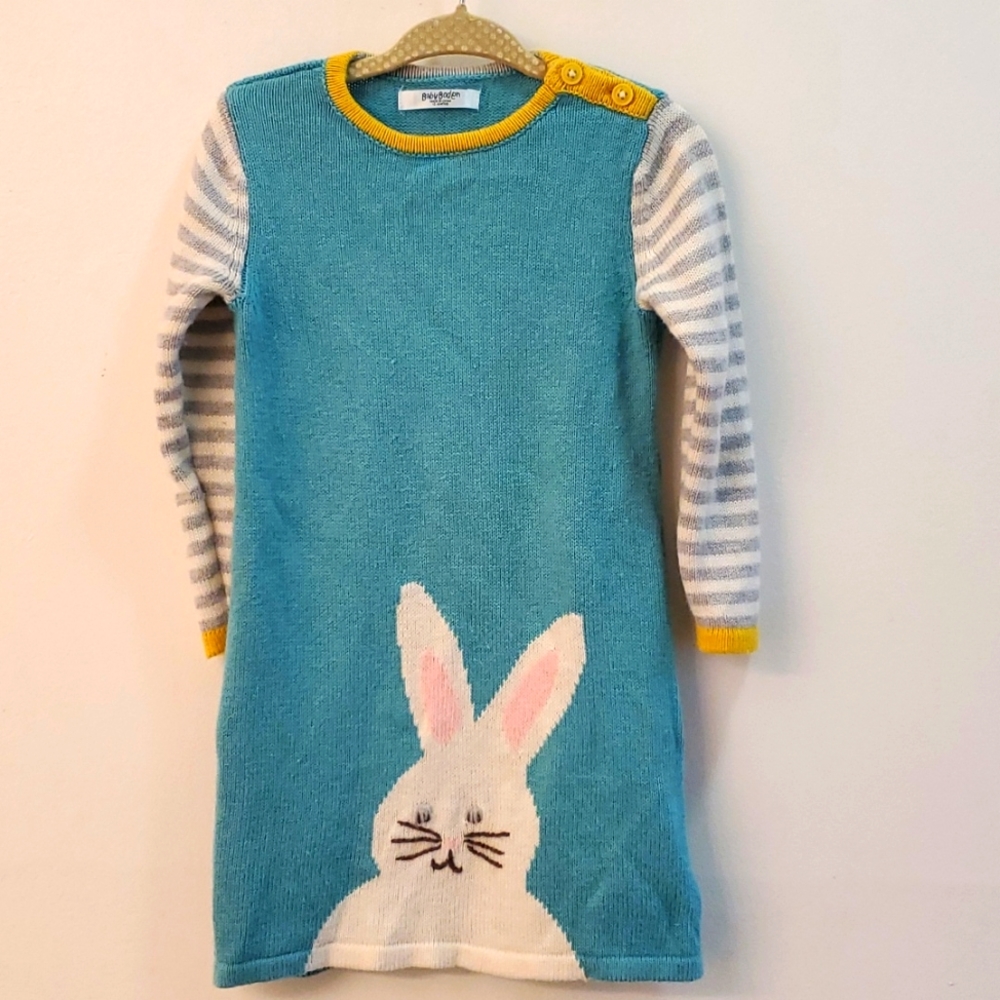 Boden knit bunny dress with striped sleeves.
